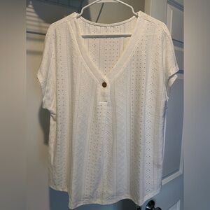 SHEIN White Eyelet Button V-Neck Blouse
